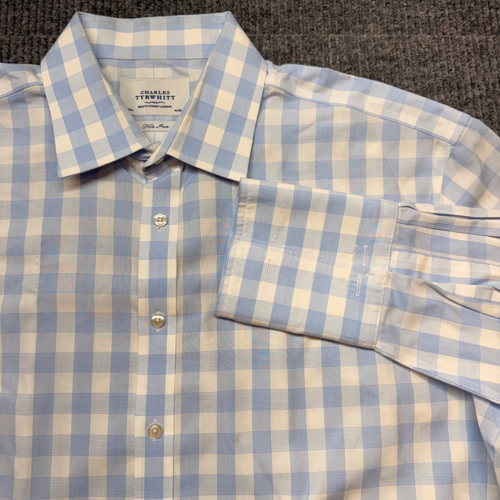 Charles Tyrwhitt Mens 18/35 Blue Gingham Non Iron Dress Shirt Extra Slim Fit‎